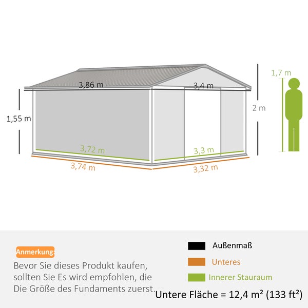 Outsunny Gerätehaus 12,4 m², Gartenhaus mit Pultdach, Schiebetür, Fundament, 386 x 340 x 200 cm, Geräteschuppen aus Verzinkter Stahl, wetterfest, für Garten, Dunkelgrün