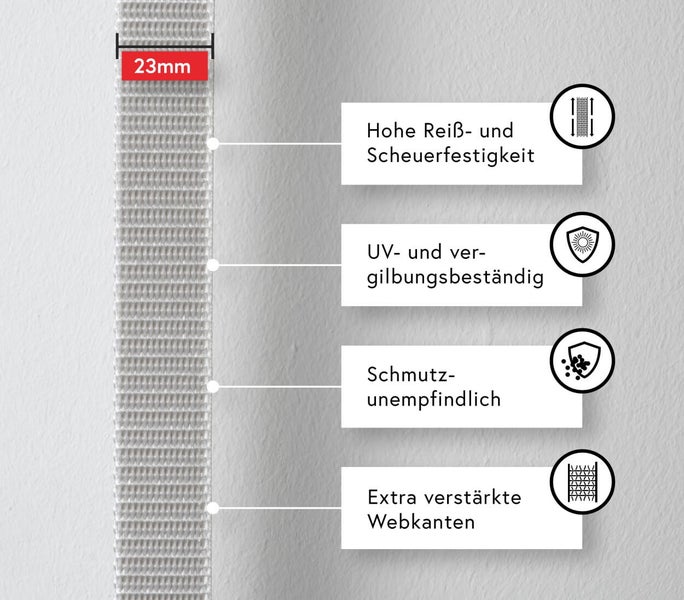 Band mit hoher Reißfestigkeit, UV-Beständigkeit, schmutzunempfindlich und extra verstärkten Webkanten, 23 Millimeter breit