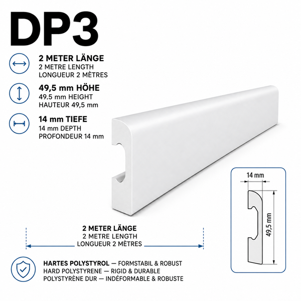 Stuckleiste DP3 aus hartem Polystyrol mit einer Länge von 2 Meter, Höhe von 49,5 Millimeter und Tiefe von 14 Millimeter.