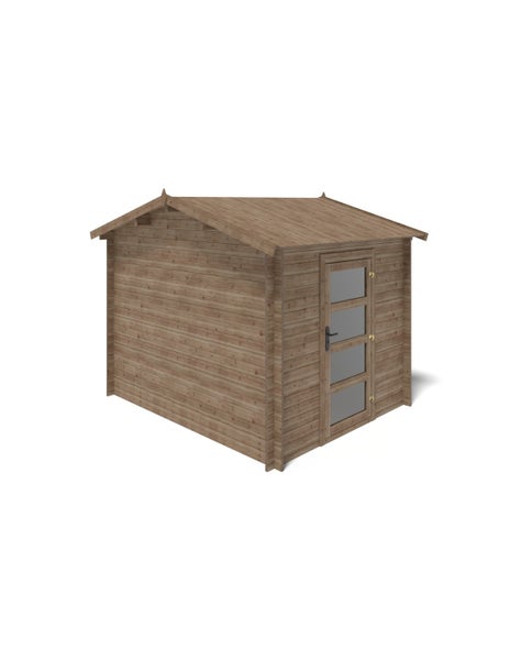 Gartenhaus aus Holz mit Satteldach und einer Einzeltür mit vier Lichtausschnitten.