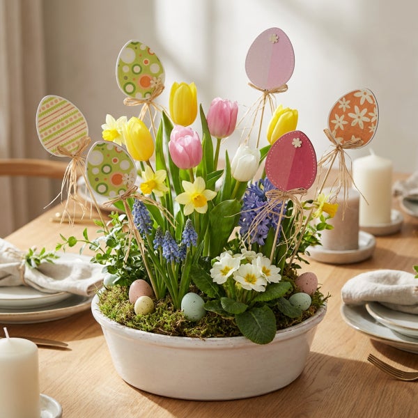 Ostergesteck in einer Schale mit Frühlingsblumen wie Tulpen, Narzissen, Hyazinthen und Primeln, dekoriert mit Holzeiern und kleinen Ostereiern.