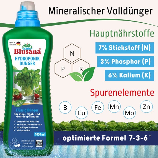 Blusana Hydroponik Flüssigdünger NPK 7-3-6 Spezialdünger für Zierpflanzen Obst- und Gemüse in Nährlösung 1l – gesundes Wachstum & reicher Ertrag