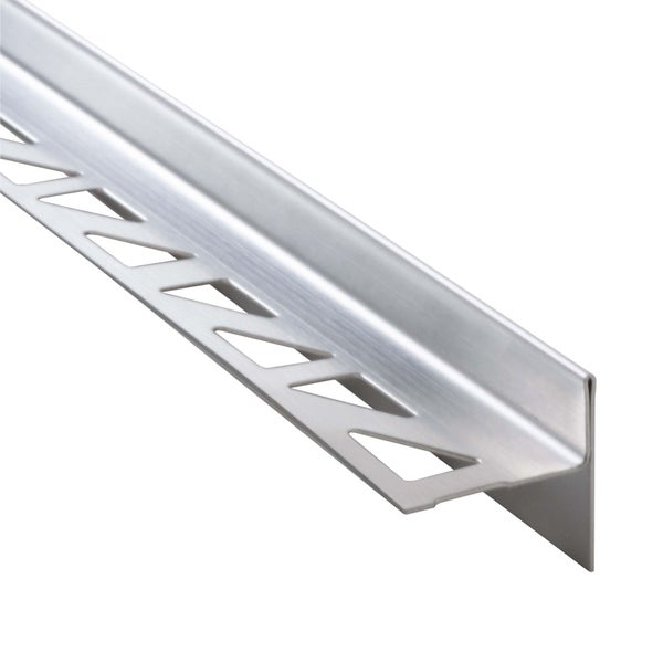 Fliesenschiene aus Metall mit gelochtem Schenkel für die Kantenbefestigung.