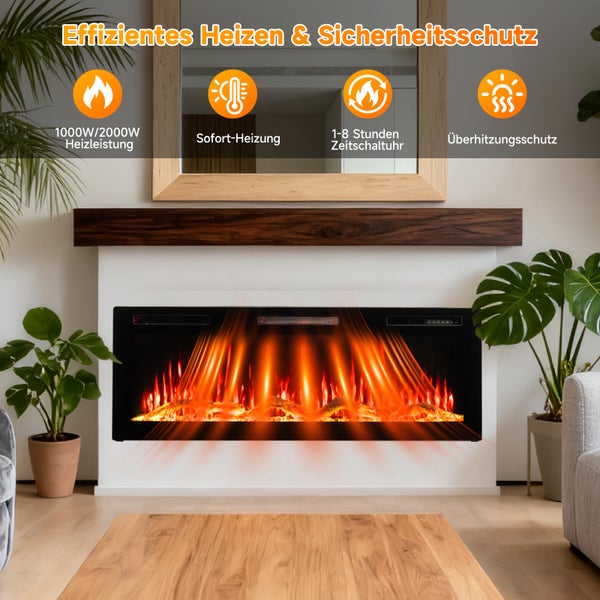 Elektrischer Kamin mit Heizleistung, Sofort-Heizung, Zeitschaltuhr und Überhitzungsschutz in Wohnzimmeratmosphäre