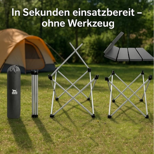 Campingtisch mit Aluminiumgestell und Tragetasche vor Zelt