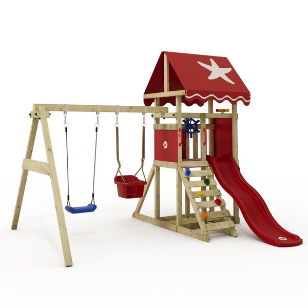 WICKEY Spielturm Klettergerüst DinkyStar mit Schaukel und Rutsche, Kletterturm mit Sandkasten, Leiter und Spiel-Zubehör – rot