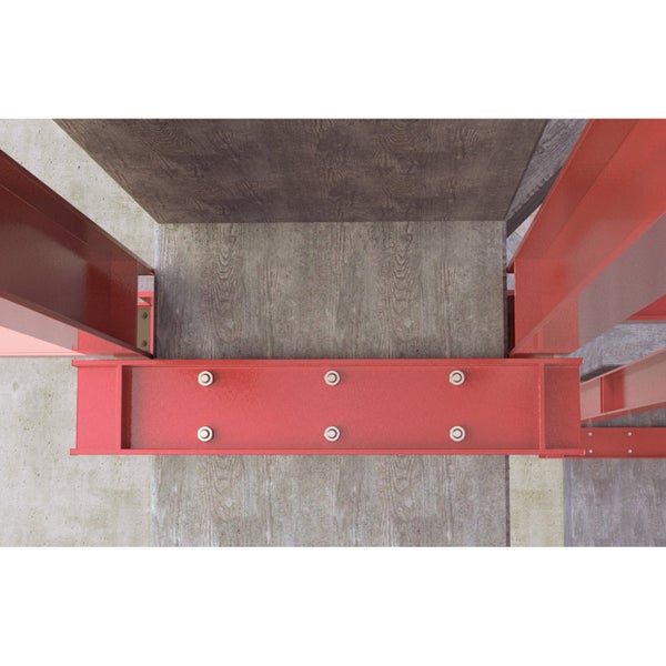 Detailansicht von montierten, roten Stahlträgern mit Schrauben an einer Betondecke