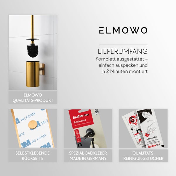 ELMOWO WC Bürstengarnitur zur Wandmontage mit Fischer Badkleber, Klebeband und Reinigungstüchern für eine einfache Montage ohne Bohren.