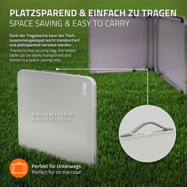 ECD Germany Alu Campingtisch Klapptisch, höhenverstellbar 120x60x54-70 cm, Grau, HDPE-Platte, klappbar, tragbar, leicht, Falttisch mit Griff, Koffertisch Gartentisch Reisetisch Balkontisch Esstisch