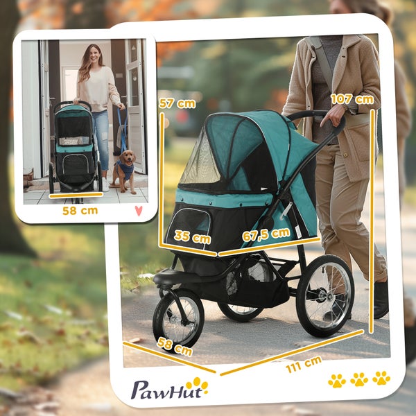 PawHut Hundewagen Hundebuggy klappbar für Hunde & Katzen bis 20 kg Katzenbuggy mit geländegängige Gummiräder Kissen Netzfenstern Türen Katzenwagen mit Aufbewahrungskorb Buggy Dunkelgrün