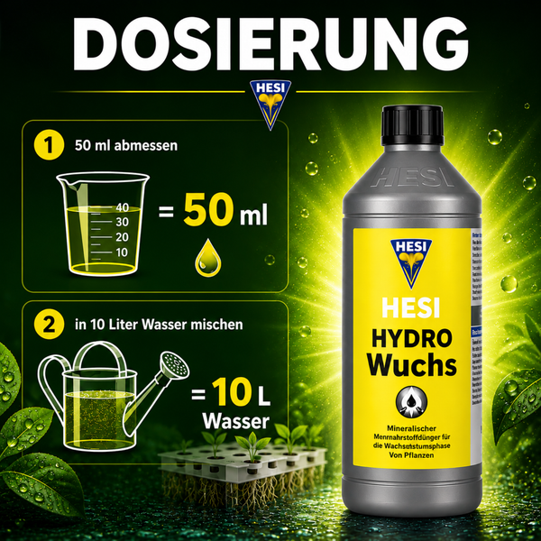 Dosierungsanleitung für Hesi Hydro Wuchs Pflanzendünger mit Messbecher Grafik und Anweisung für zehn Liter Wasser