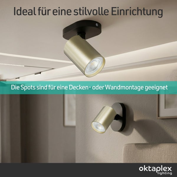Verstellbarer Deckenstrahler und Wandspot aus gebürstetem Metall mit schwarzer Halterung in hellem Wohnraum montiert. oktaplex lighting Logo.