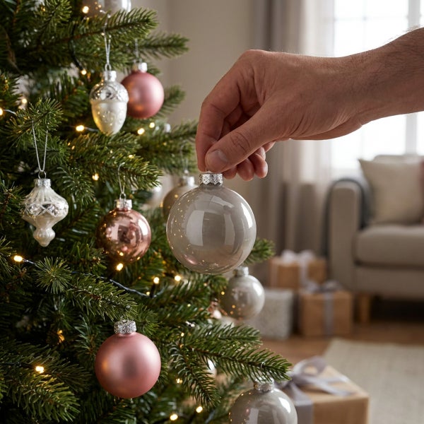 Eine Hand hängt eine glänzende Weihnachtskugel in einen geschmückten Weihnachtsbaum mit Lichterkette und verschiedenen Ornamenten.