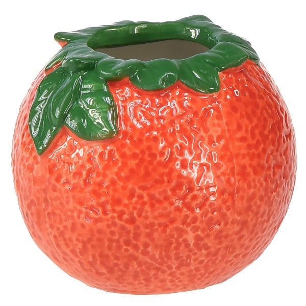 Keramik-Übertopf in Form einer Orange mit strukturierter Oberfläche und Blättern am Rand.