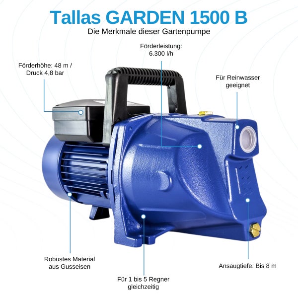 Tallas GARDEN 1500 B Gartenpumpe aus Gusseisen mit 6300 Litern pro Stunde Förderleistung