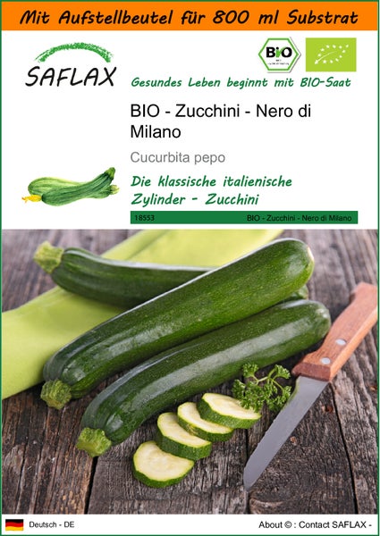 SAFLAX Garden in the bag - BIO - Zucchini - Nero di Milano - Cucurbita pepo - 6 Samen - Mit Anzuchtsubstrat im praktischen, selbst aufstellenden Beutel