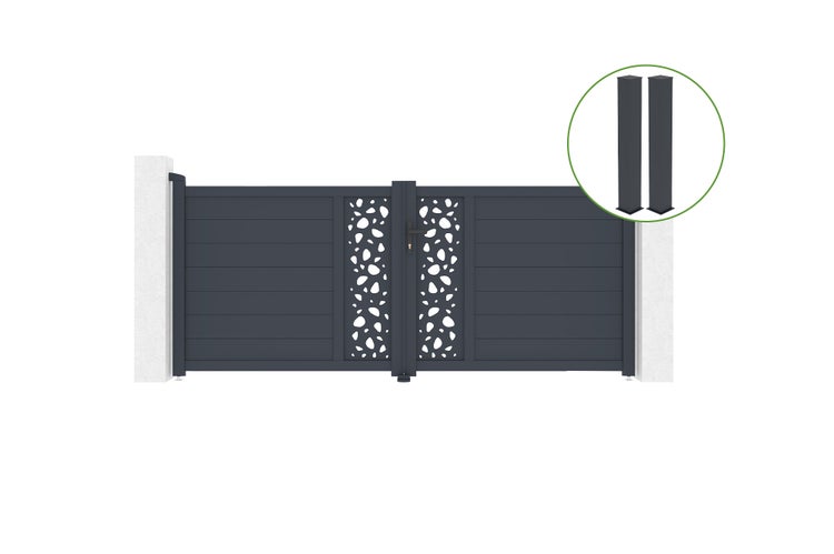 Schiebetor aus Aluminium mit Lochmuster und zwei Torpfosten