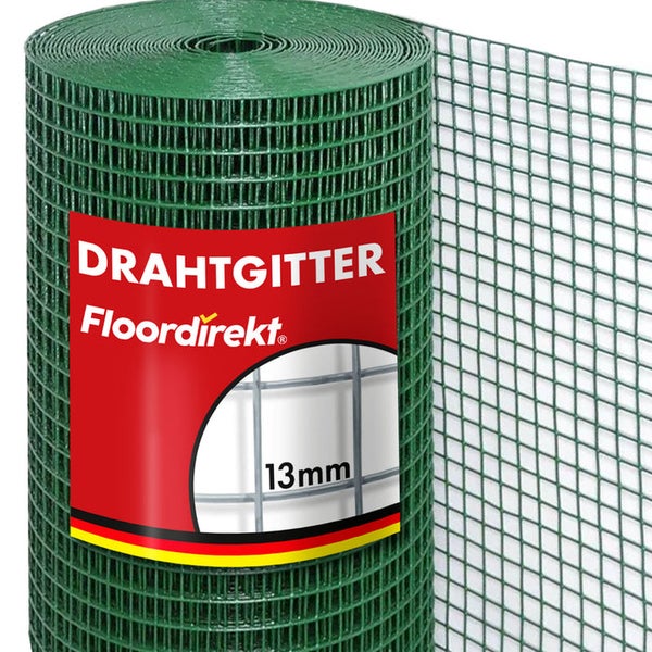Grünes Floordirekt Drahtgitter auf Rolle mit einer Maschenweite von 13 Millimeter.