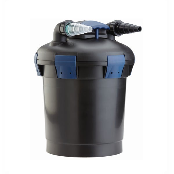 Teichdruckfilter aus schwarzem Kunststoff mit blauen Verschlüssen und Schlauchanschlüssen.