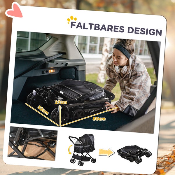 PawHut Hundebuggy Hundewagen Buggy für kleine Hunde und Katzen Haustierwagen Pet Stroller Katzenbuggy Oxford Schwarz 76,5 x 52 x 95 cm