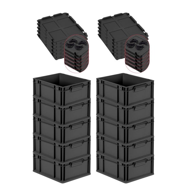 PROREGAL SuperSparSet 10x Eurobox NextGen Grip mit Auflagedeckel inkl. 4 schwarzen Schiebeschnappverschlüssen, HxBxT 17x30x40cm, 16 Liter, Schwarz, Griffe geschlossen, Eurobehälter, Transportbox, Transportbehälter, Stapelbehälter