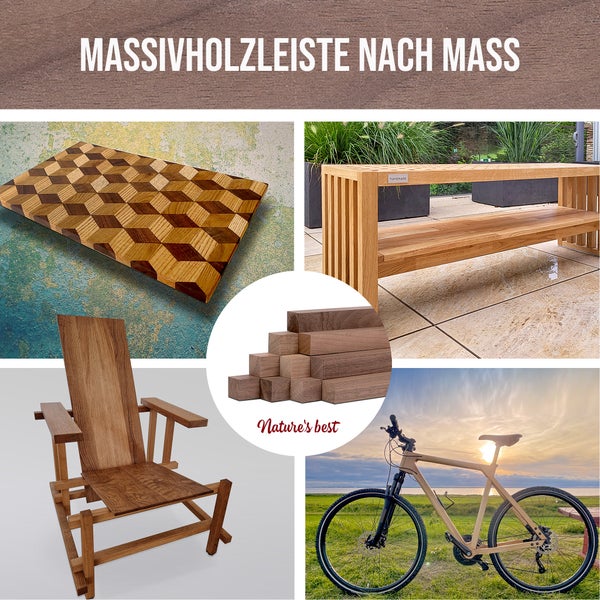 Beispiele für Massivholzleisten nach Maß: Schneidebrett mit geometrischem Muster, Holzbank, Holzstuhl und ein Fahrrad mit Holzrahmen.