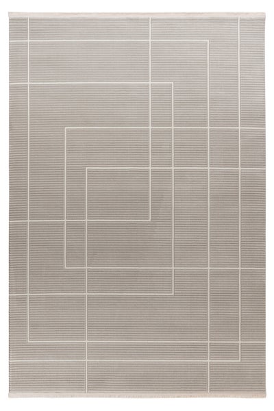 Rechteckiger Teppich mit geometrischem Linienmuster und Fransen an den kurzen Seiten.