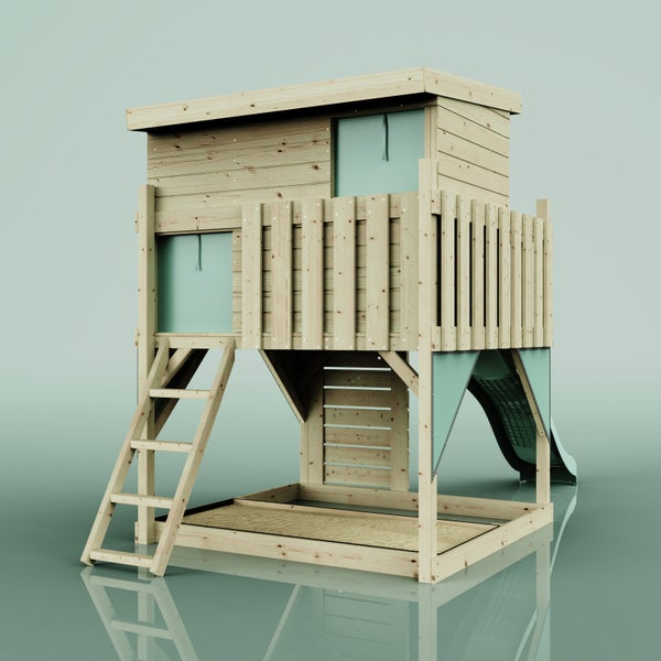 Spielturm aus Holz für Kinder mit Kletterwand, Wellenrutsche, Leiter und überdachtem Spielhaus mit Balkon.