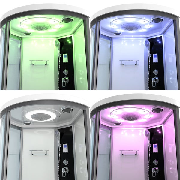 Innenansicht einer weißen Duschkabine mit strukturierter Duschwanne, integrierter Ablagefläche und Glaswänden.