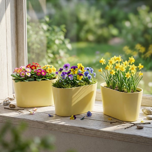 Drei ovale Blumentöpfe mit Frühlingsblumen wie Primeln, Stiefmütterchen und Narzissen auf einem Fensterbrett vor einem Garten.