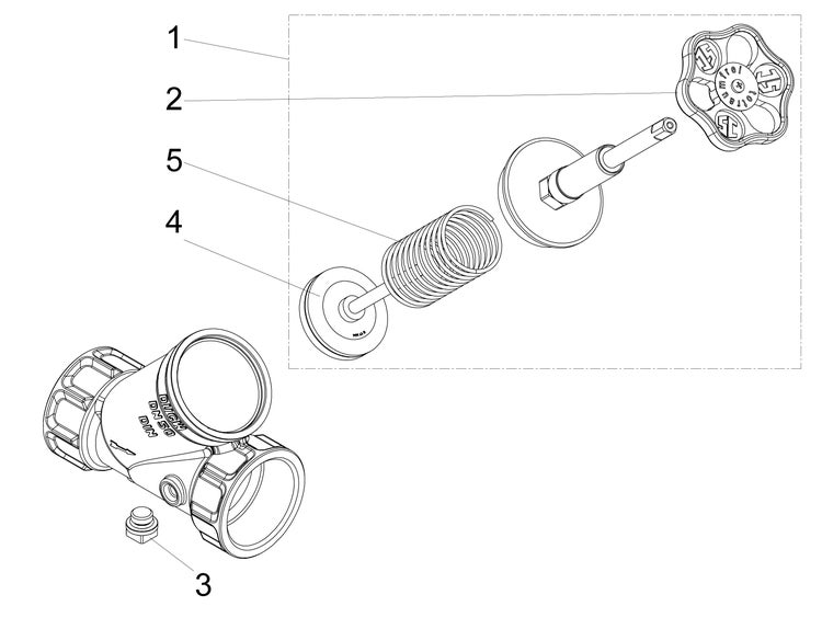 Explosionszeichnung eines Ventiloberteils für Freistromventile mit Rückflussverhinderer Nennweite 50 mit Handrad und Feder.