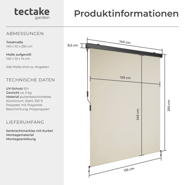 Senkrechtmarkise tectake Eloise inkl. Wandhaltern verschiedene Größen beige