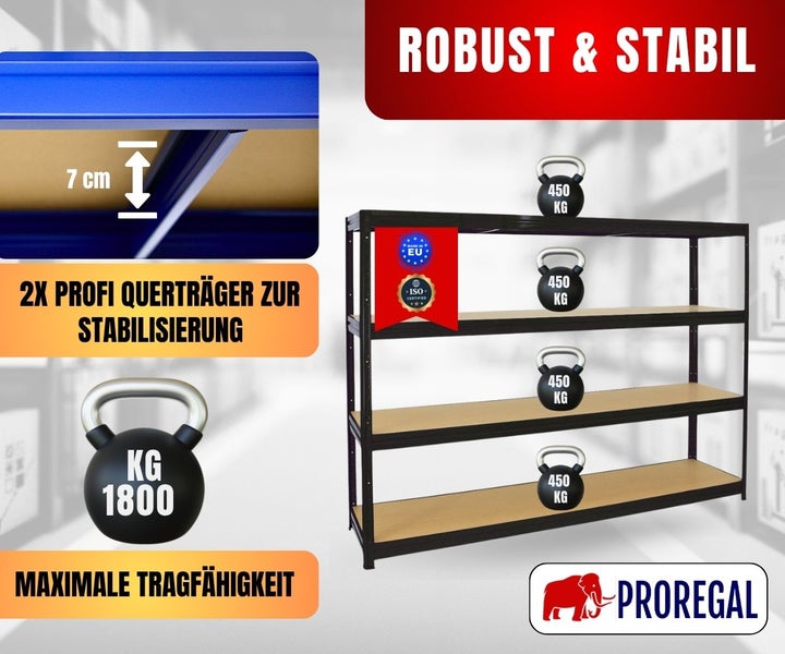 Schwerlastregal, vier Böden, 1800 Kilogramm Tragkraft, 450 Kilogramm pro Boden. Zwei Querträger zur Stabilisierung, 7 Zentimeter Höhe. Hergestellt in der Europäischen Union, ISO zertifiziert. Proregal Logo.