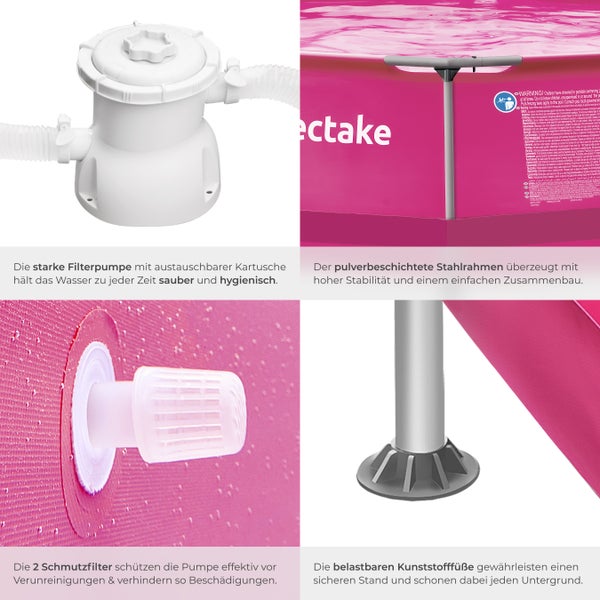 Details eines Aufstellpools: Filterpumpe, pulverbeschichteter Stahlrahmen, Schmutzfilter und stabile Kunststofffüße.