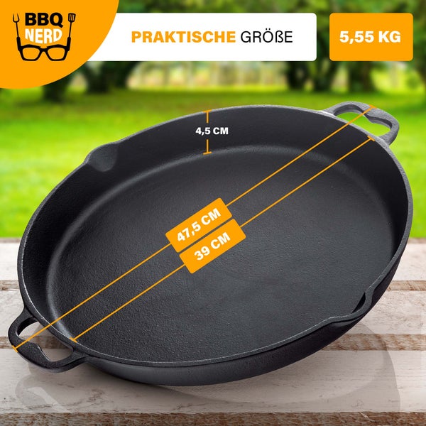 BBQ Nerd Gusseisenpfanne zum Grillen, Rösten, Anbraten | Grillpfanne Ø 40 cm 5300g mit Ausgießer und Henkel | Antihaft-Pfanne Feuerpfanne - hitzebeständig & wärmespeichernd