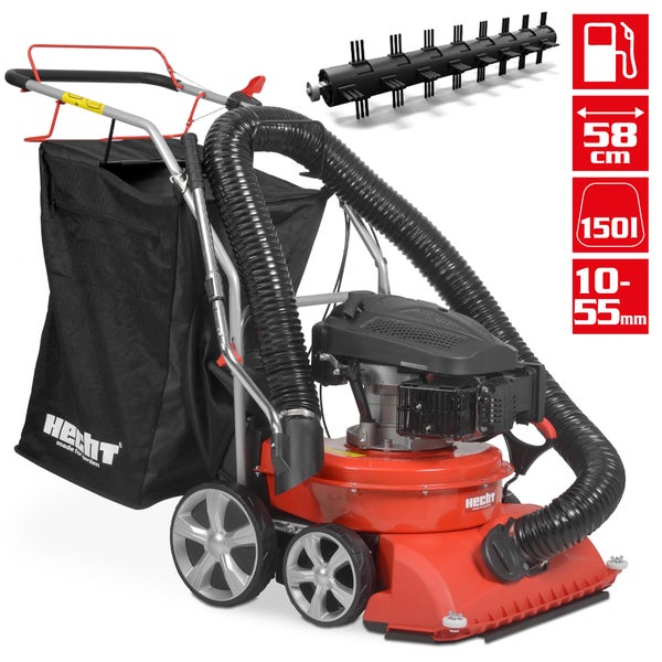 Hecht Vertikutierer und Lüfter mit Auffangsack, Kraftstoffanzeige, Arbeitsbreite 58 cm, 150 Liter Volumen und Arbeitstiefe 10 bis 55 mm