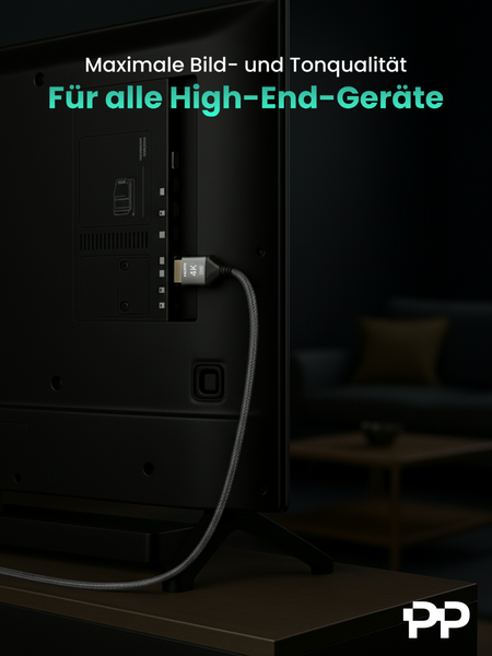 Rückansicht eines Fernsehers mit eingestecktem 4K HDMI Kabel