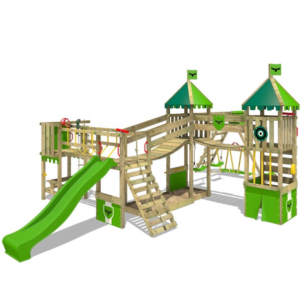 Fatmoose Spielturm Klettergerüst FunnyFortress mit Doppelschaukel, Brücke, Surfanbau und Rutsche – apfelgrün