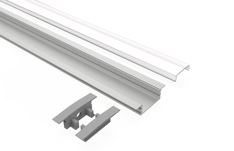 TIVENDIS Led Alu Profil 2 m EF Komplett Set für Strip / Streifen bis 12 mm breit | Abdeckung satiniert milchig, Endkappen |  Einbau Fußleisten Flachprofil eloxiert