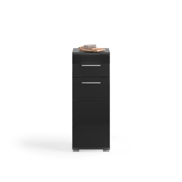 Schwarzer Badezimmerschrank mit zwei Schubladen, Metallgriffen und oben liegenden Handtüchern sowie Seife.