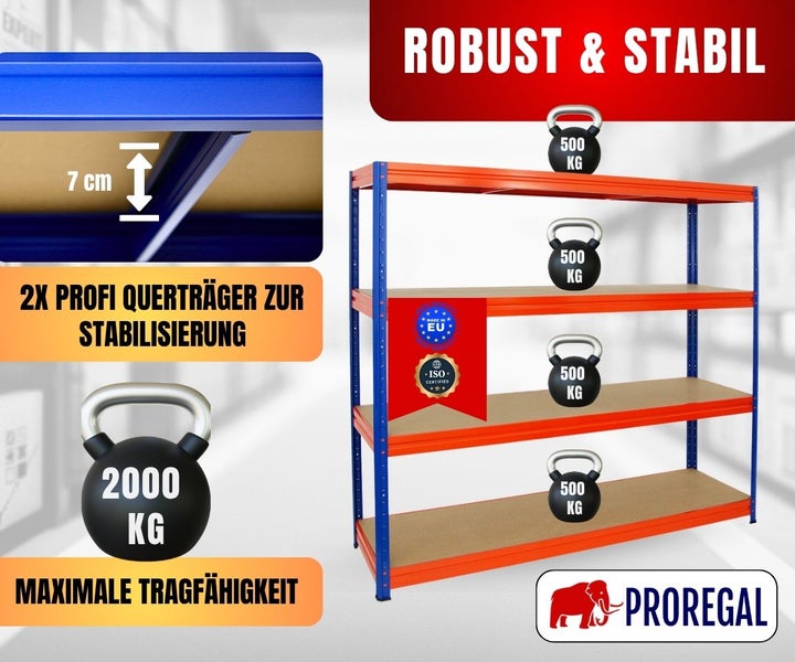 Schwerlastregal mit vier Ebenen, Querträgern zur Stabilisierung und 2000 Kilogramm Tragkraft. In der Europäischen Union hergestellt. Proregal Logo.