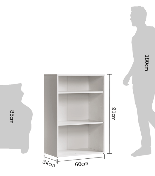 Weißes Regal mit drei Fächern, Maße 60 Zentimeter Breite, 34 Zentimeter Tiefe und 91 Zentimeter Höhe, mit Größenvergleich zu einer Person.