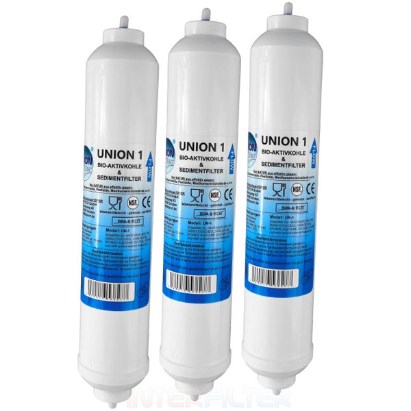 Drei Union 1 Wasserfilter Kartuschen mit Bio Aktivkohle und Sedimentfilter zur Wasseraufbereitung im Haushalt