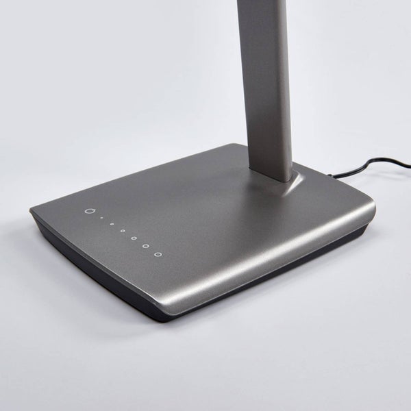 Fuß einer Schreibtischlampe mit Touch-Bedienfeld, Dimmer und Ein-Aus-Schalter.
