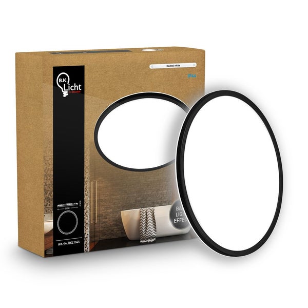 Runde B.K. Licht LED Deckenleuchte mit schwarzem Rahmen und Spritzwasserschutz neben der Verpackung mit einem Anwendungsbeispiel im Badezimmer.