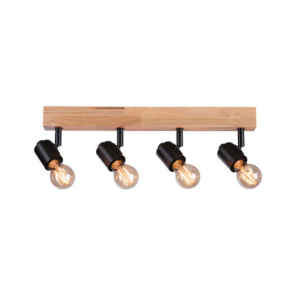 Deckenstrahler aus Holz und Metall mit vier verstellbaren Lampenfassungen und Filament Leuchtmitteln für die Innenbeleuchtung.