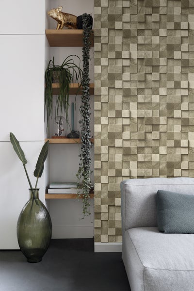 Wohnzimmer mit 3D-Holzpaneel-Tapete, Regal und Sofa