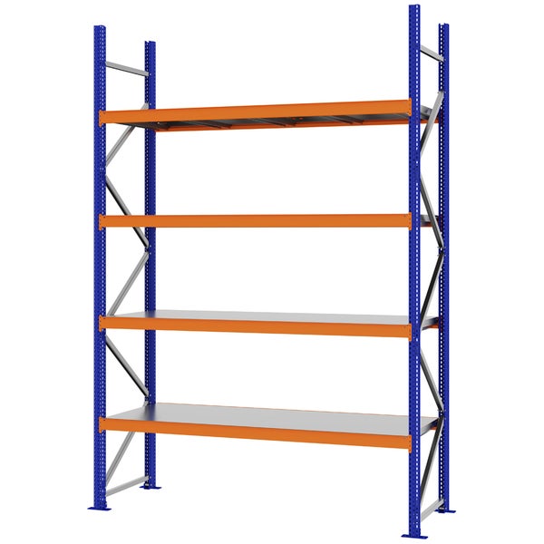 Schwerlastregal aus Metall mit vier Ebenen, blauen Rahmen und orangefarbenen Traversen.