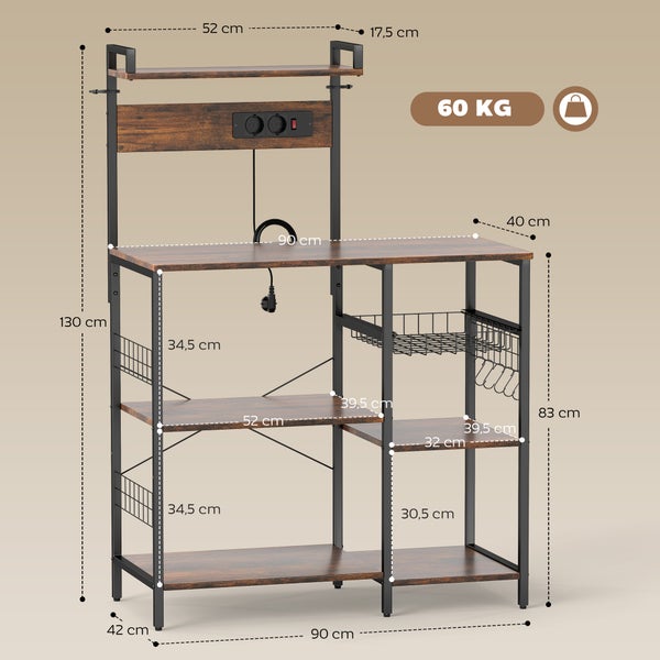 Küchenregal aus Holz und Metall mit Maßangaben in Zentimeter und einer Tragkraft von 60 Kilogramm.