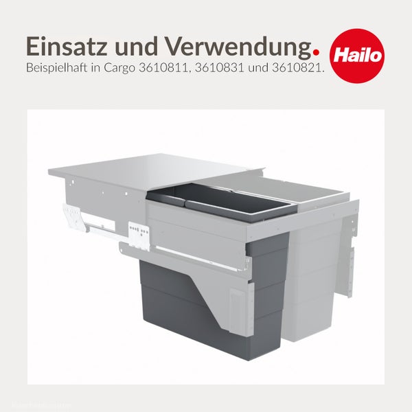 Hailo Logo und Abfallsystem Cargo für Küchenschränke mit Auszug und zwei Abfalleimern als Einbaubeispiel